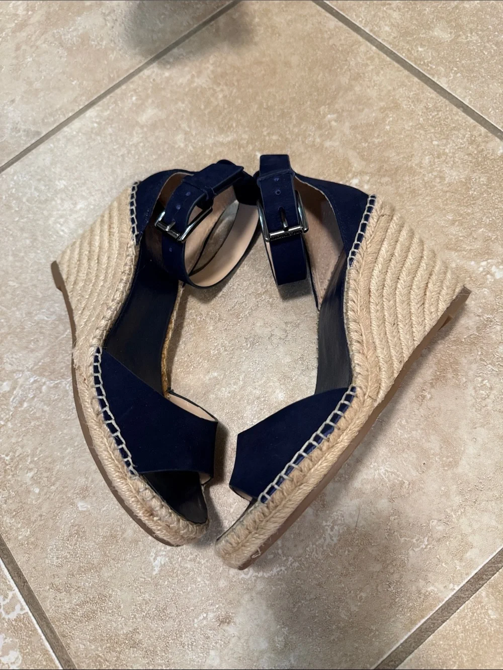Vince Camuto Navy Suede Espadrille Wedge Sandals with Ankle Buckle